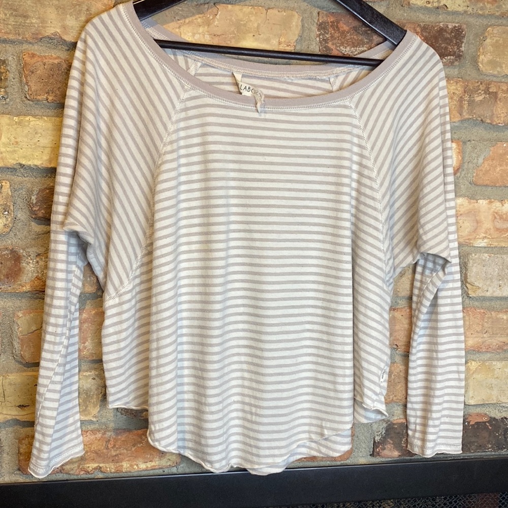 Billabong size SM/Petite taupe and white striped open neck long sleeve